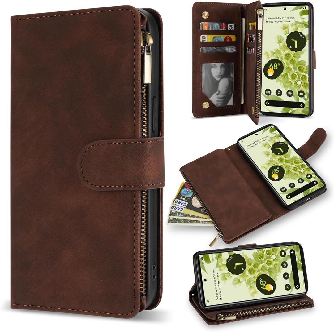 ZZXX for Google Pixel 6 Case Wallet with Card Slot Premium Soft PU Leather Zipper Flip Folio Wallet with Wrist Strap Kickstand Protective for Google Pixel 6 Wallet Case(Coffee 6.4 Inch)