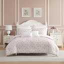 Laura Ashley - Queen Bonus Comforter Set, Reversible Bedding with a Soft Feel, 7 Piece Bed Set with Matching Pillowcases, Euro Shams, & Throw Pillow Covers (Pamelas Posies/Pretty Stripe Pink)