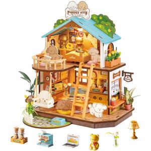 ROBOTIME DIY Miniature House Kit, Mini Wooden Dollhouse Diorama Model, Tiny House Building Kits,Birthday Christmas Craft Hobbies Gift for Teens Kids and FriendsPuppy's Cozy Villa