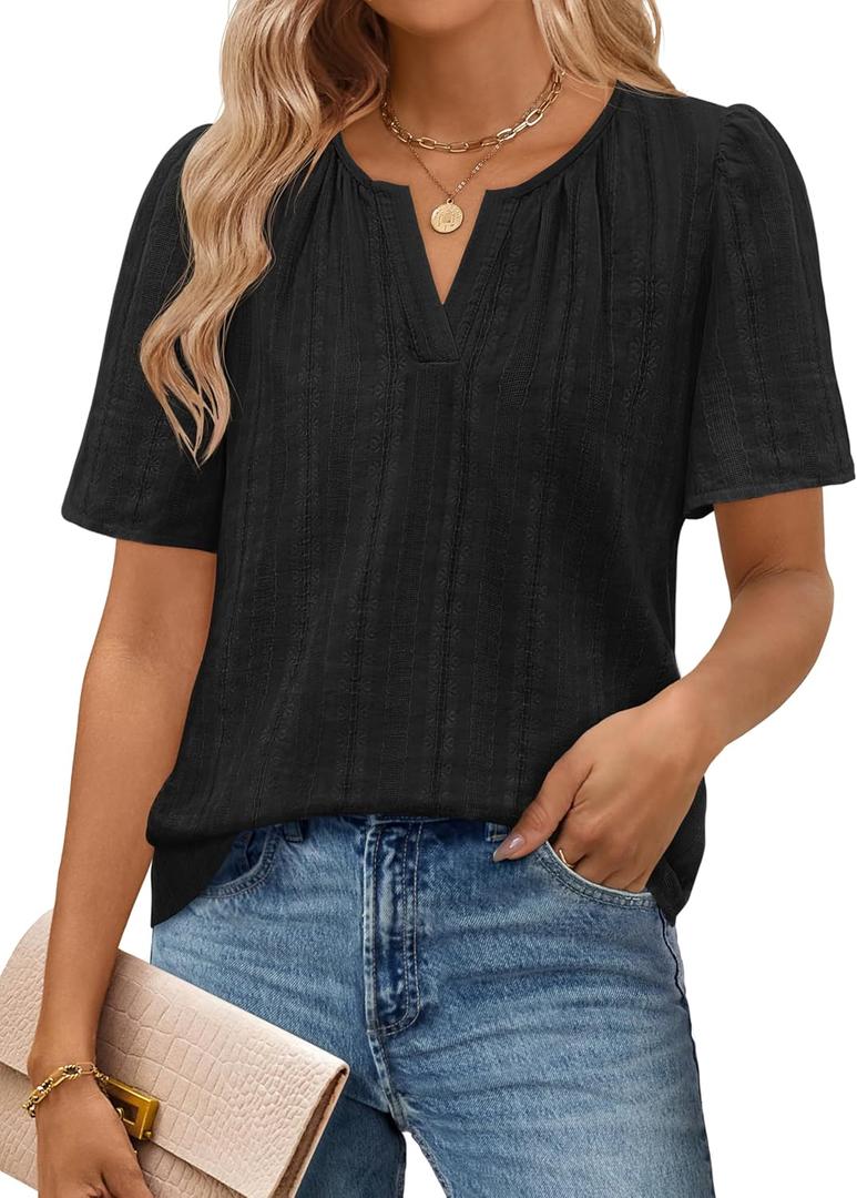 MEROKEETY Women's Summer Business Casual Blouse Tops Dressy Short Sleeve V Neck Loose Fit Work T Shirts (Large, Black)