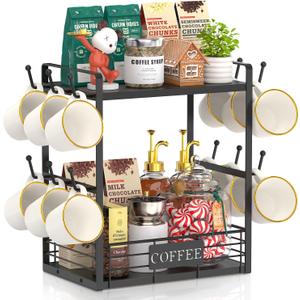 EsLuker.ly Coffee Bar Station Organizer Mug Cup Holder Stand for Countertop, Multi-Functional 2 Tier Mug Tree Rack for Kitchen, Storage Shelf with 12 Hooks, Black(Patented Design)