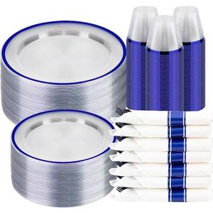 BESTSTAR 350PCS Clear and Blue Disposable Plates Set for 50 Guests, 100 Plastic Plates, 50 Cups, 50 Pre-Rolled Napkins with Plastic Cutlery for Party, Birthday, Thanksgiving, Christmas, Halloween