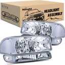 Nilight Headlight Assembly Compatible for 1999 2000 2001 2002 2003 2004 2005 2006 GMC Sierra Yukon, Chrome Housing Clear Corner Clear Lens, Headlights Assembly Replacement