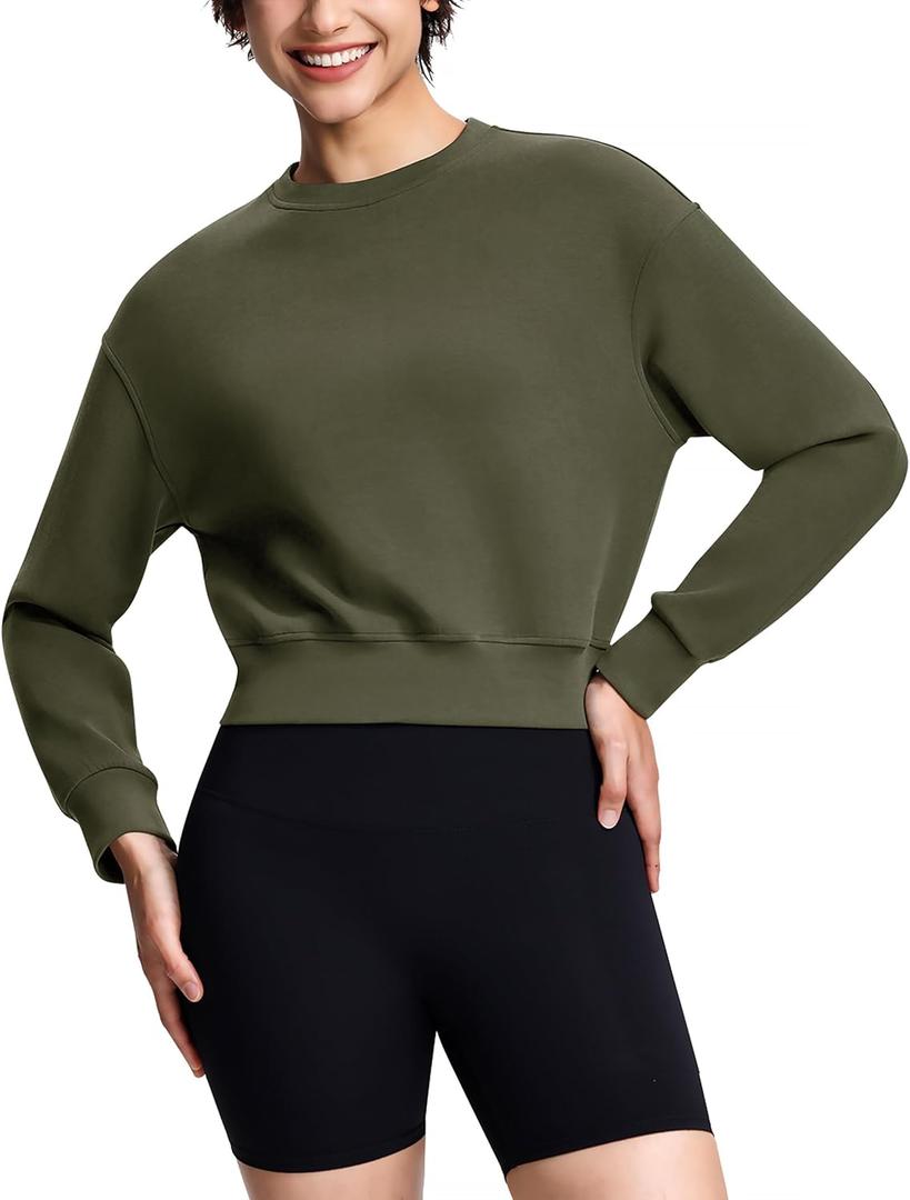 ISEEGZ Modal Soft Cropped Sweatshirts for Women Long Sleeve Crew Neck Pullover Crop Top (Medium, Army Green)