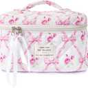 Makeup Bag Large Travel Quilted Cosmetic Bag Organizer, Floral Cotton Coquette Aesthetic Toiletry Bag Gift for Women Girls (Pink Bow Flowers-L)