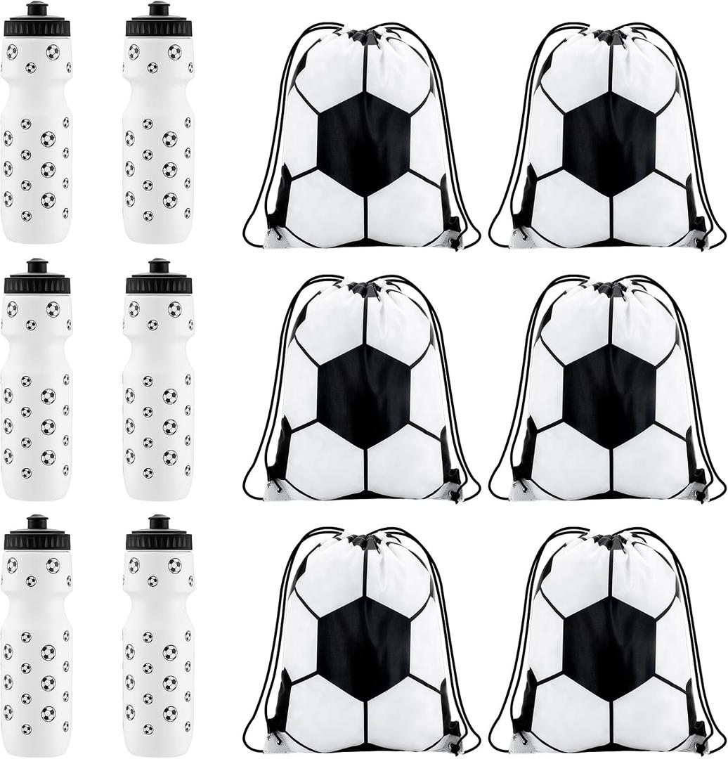 Talltalk 12 Pcs Soccer Party Favors 24 oz Soccer Water Bottle Gift for Team with Drawstring Bag Tumbler Cup Sports Themed Accessories for Events Gift Supplies