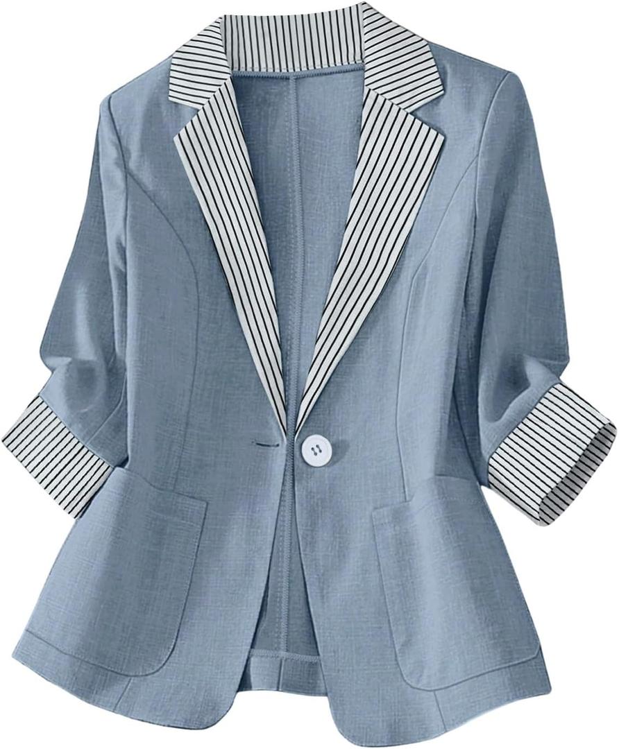 winkbay Women's Elegant Striped 3/4 Sleeve Blazer Button Lapel Collar Business Casual Suit Jacket with Pocket Blue Small