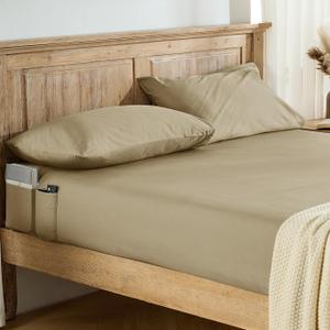 Entisn Pure Cotton Fitted Sheets with Pockets on Side, 400 Thread Count Queen Cotton Fitted Sheet Only, Deep Pocket Fits Mattress Up to 16 Inch, Breathable & Soft Bedding Sold Separately (Beige)