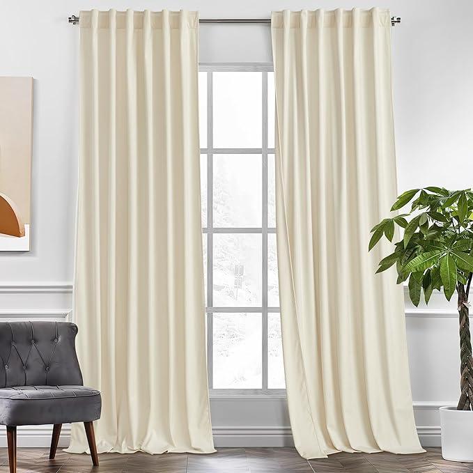 KGORGE Velvet Blackout Curtains 84 inches Luxury Soundproof Room Darkening Thermal Insulated Dark Green Velvet Curtains for Living Room French Door, Rod Pocket, Set of 2, W52 x L84, Beige