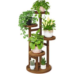 LASZOLA Black 4 Tiered Wooden Plant Stand Indoor with Heavy Duty Planter, Large Multiple Level Vertical Flower Rack for Narrow Corner, Sturdy Rustic Shelving Organizer Holder for Modern House Bathroom (Brown)
