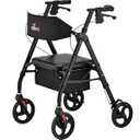 NOVA Star 8 Foldable Rollator Walker for Seniors (Standard: 6'3" H, 39.4"W ) Wide Padded Backrest with Seat, 8” All-Terrain Wheels, Easy-Grip Locking Hand Brakes, Height Adjustable, Black