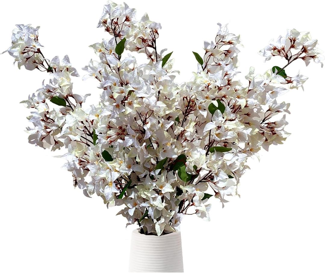 Pack of 4-45" Artificial Bougainvillea Flower Stems Silk Bougainvillea Floral Arrangement Faux Fuchsia Violet Flowers for Home Wedding Indoor Outdoor Decor (White)