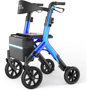 WALK MATE Rollator Walker for Seniors 5.3~7ft Tall, Height-Adjustable Seat, Built-in Cable, 10 Inch Wheels, 16.5 lb Lightweight & Compact Folding Design, 300 lb Capacity, Blue