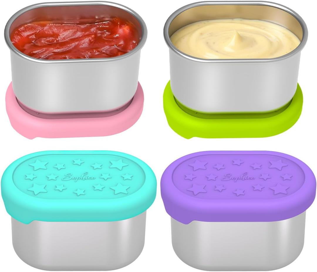 SOPHICO Stainless Steel Salad Dressing Condiment Containers with Leakproof Silicone Lids, 3 oz Mini Small Sauce and Portion Box for Kids Lunch to Go for Snack, Sauce (MIX, 4 PACK) 2.9 x 2 x 1.9 inches