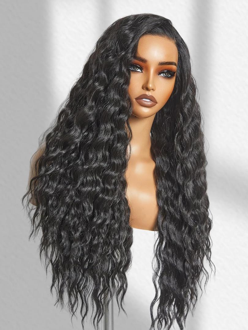 GORGIUS Ocean Wave Lace Front Wigs Pre Cut Glueless Side Part Closure Wig Synthetic Natural Black Long Wig 28 Inch (Ocean Wave#2B Natural Black)