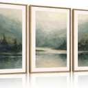 Large Watercolor Green Forest Mountain Framed Canvas Wall Art Set,Abstract Pine Tree Lake Landscape Wall Decor,Modern Nature Scenery Artwork for Living Room,Bedroom,Office-24 x36 x3