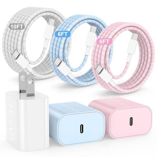 Hzevn 20W USB C Fast Charging for iPhone 17 Air/16/15 Pro Max,3Pack Colorful Mixed Charger Block with Braided Long USB C to C Cables (6/6/10ft) Compatible with iPhone16/15 Pro/15 Plus/iPad Pro, Without Pink Set
