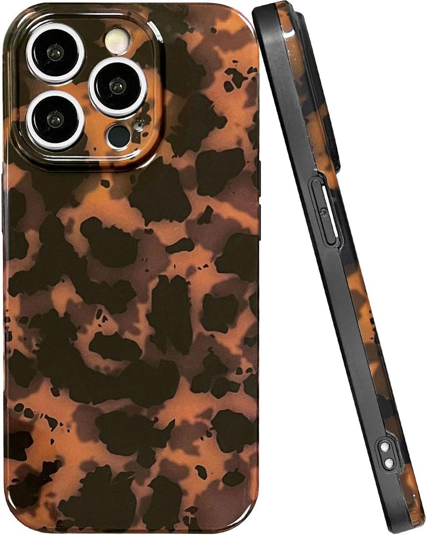 Tortoise Shell Phone Case for iPhone 15 Pro Cute Cases, Camera Protective Shockproof Soft Slim Brown Black Cheetah Leopard Animal Pattern Design Women Girls Girly Phone Cover for iPhone 15 Pro