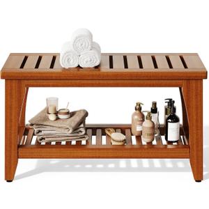 30" Premium Solid Teak Shower Bench with Storage Shelf - 450 lbs Capacity, Waterproof & Non-Slip Seat for Bathroom, Poolside, Spa