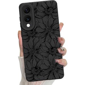 MZELQ for Samsung Galaxy S25 Edge Case, Silicone Sunflower Floral Flowers Cute Pattern, Camera Protection Soft Slim Phone Cover for Girls Women -Black