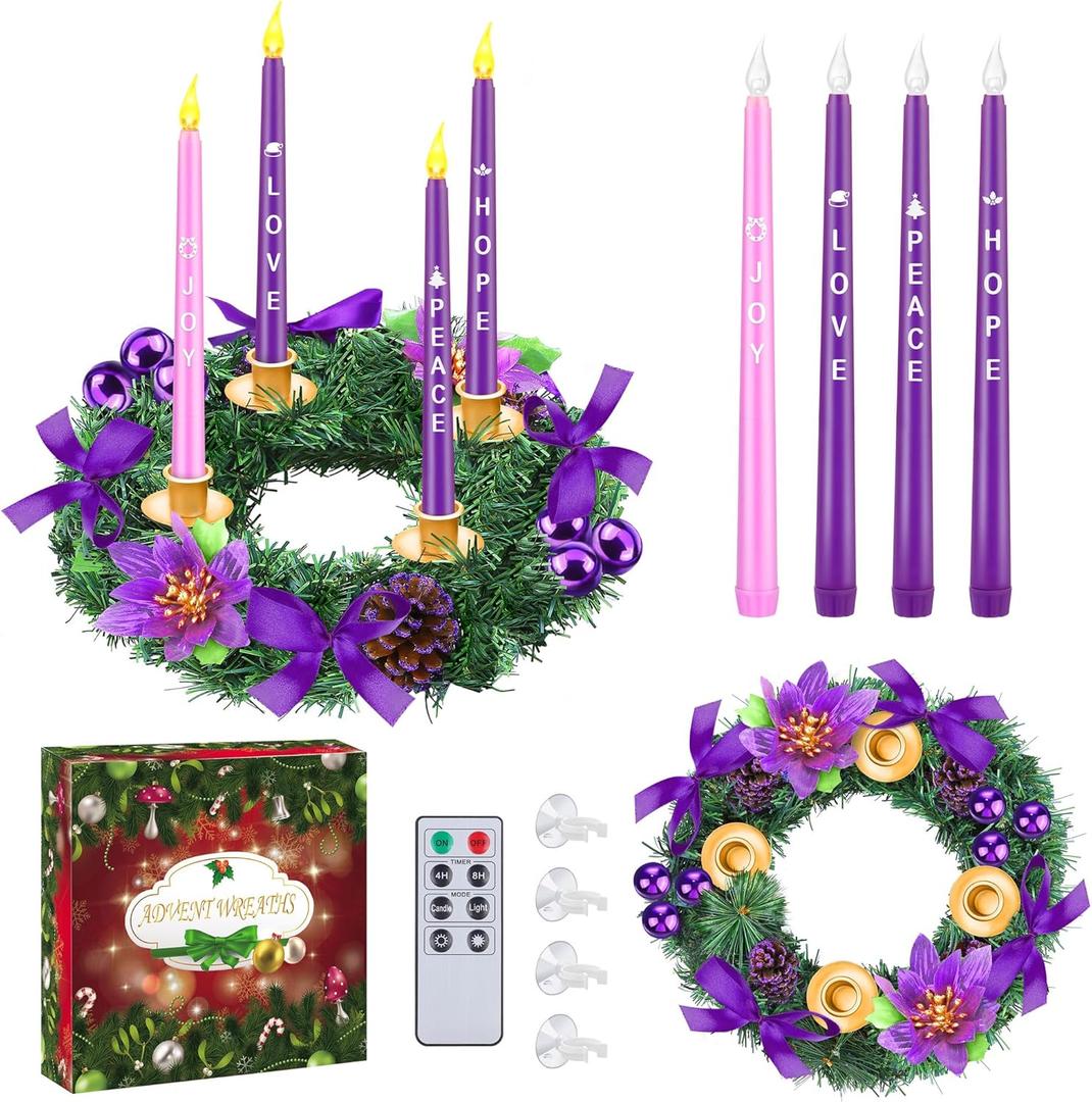 Aodaer 12 Inch Christmas Advent Wreath Advent Candle Holder with 4 Remote Control Flameless Taper Candles Xmas Centerpiece Decorations for Christmas Home Church Decor