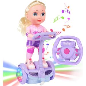 Doll Set with Remote Control Toy Electric Scooter for Kids with LED Lights Music and 360 Rotation