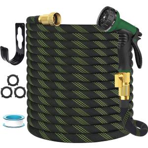 Garden Hose Non-Expandable 50 ft, Lightweight Flexible Water Hose with 10 Function Spray Nozzle, Outdoor Leak Proof, Kink-Free, Portable Hose for Yard, Lawn, Camper, High-Density Fabric, Black Green