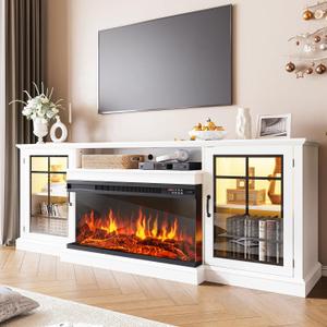 80" Fireplace TV Stand with 3-Sided Glass, TV Cabinet for TVs up to 90", Modern Media Entertainment Center with Farmhouse Glass Door Storage Cabinets, for Living Room, White