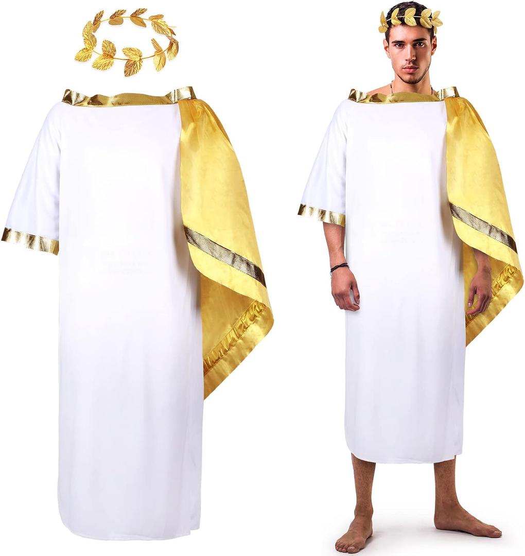 SATINIOR 2 PCS Toga Costume Greek God Roman Costume Cosplay Outfit with Leaf Crown Headdress Laurel Wreath (Large)