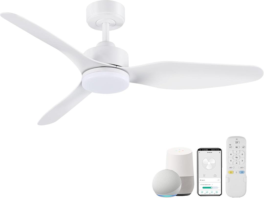 Hoenofly 48 Inch Smart Ceiling Fans with Lights Remote Control,Dimmable LED Light,Outdoor Indoor Modern Ceiling Fan,Quiet DC Motor,WIFI Alexa App Workable,Matte White for Bedroom Living Room Patio
