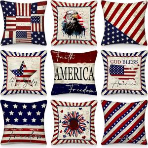 9 Pcs Patriotic American Flag Pillow Covers 18 x 18 Inch 4th of July Pillow Covers Vintage Red White and Blue Pillowcase Independence Memorial Day Cushion Case for Home Sofa Couch Party Decor
