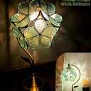 Tiffany Style Flower Table Lamp, Vintage Cherry Blossom Stained Glass Lamp with Brass Base for Bedroom Bedside Home Decor, Vintage Mint (Blue-Green)
