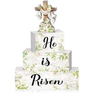 4 Pcs Easter Table Decor He is Risen Tiered Tray Decorations Set Christian Easter Spring Green Cross Rustic Farmhouse Wooden Stack Block Signs Religious Tabletop Party Decor for Home Office