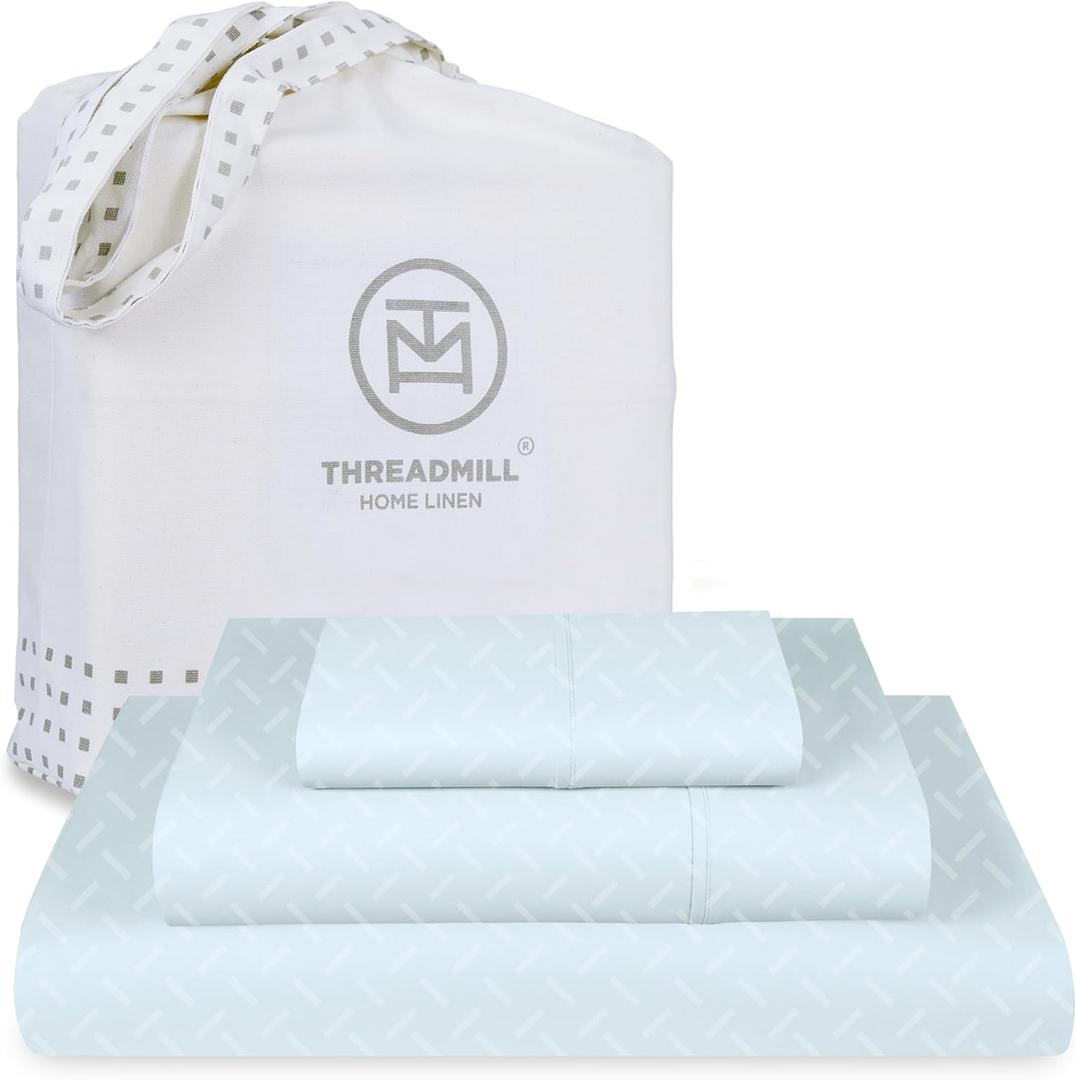 Threadmill Cotton Queen Sheet Set - 100% Cotton Damask Jacquard Sheets With 16" Deep Pocket - Soft Sateen Weave 4-Piece Cooling Bedding for Queen Size Bed - Blue (Light Blue Astra)