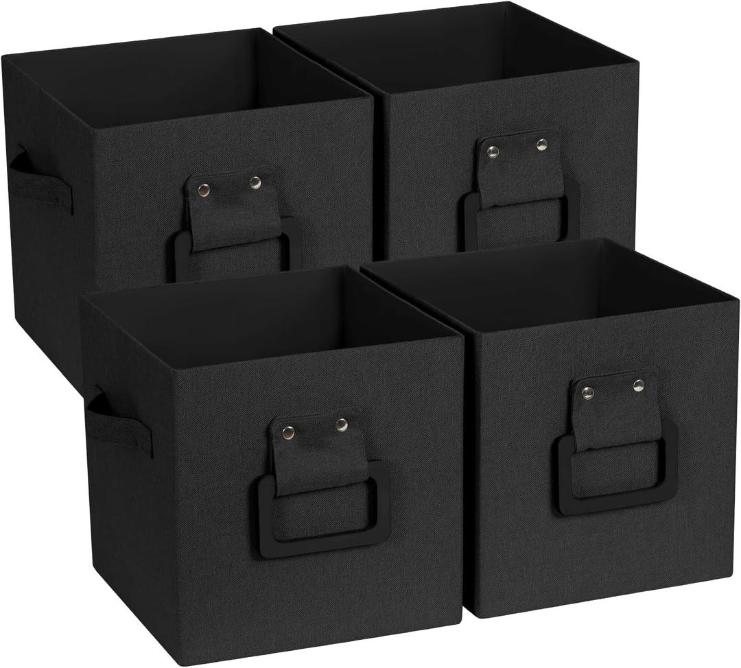 Collapsible Fabric Storage Cubes Organizer with Wood Handle, Cube Storage Bins Foldable Baskets for Organizing Home Office Closet Clothes Books, 10.5x10.5x11 Inch, 4 Pack, Black