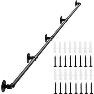 Handrail for Indoor Stairs - 16 Feet Wall Mount Industrial Iron Pipe - Metal Railing Non-Slip Grab Bar - Stairs Porch Deck Hand Rail Matte Black