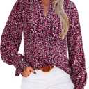 MASCOMODA Womens V Neck Floral Long Sleeve Tops 2025 Summer Casual Loose Puff Sleeve Chiffon Boho Work Blouse Dressy T Shirts (Medium, Black Red)
