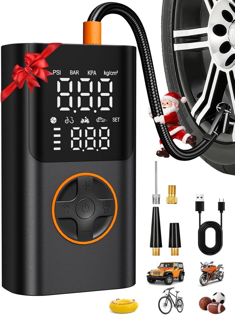 AIRSURE Tire Inflator Portable Air Compressor, Bike Pump with Gauge and USB Charging Output, 150PSI Fast Inflation Portable Tire Inflator for Car Bicycles Motorcycles Scooter Balls