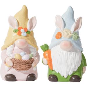 DN DECONATION Easter Decorations Gnomes Bunny Figurines Set, 2-Pcs Resin Rabbit-Eared Gnome Decor with Easter Egg Basket & Carrot, Cute Spring Decor Tabletop Decor for Mantel Shelf Home Easter Party (Pink and Green)