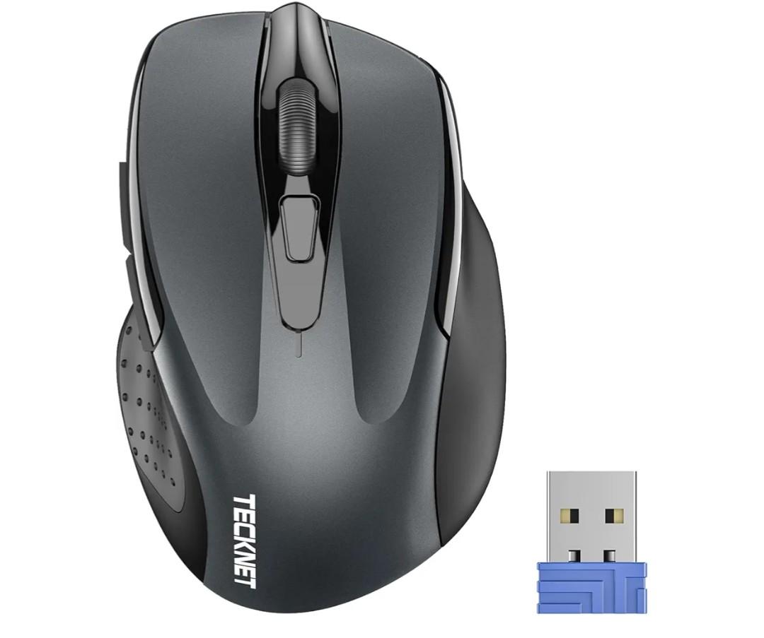 TECKNET Wireless Mouse, 2.4G Ergonomic Optical Mouse, Computer Mouse for Laptop, PC, Computer, Chromebook, Notebook, 6 Buttons, 24 Months Battery Life, 2600 DPI, 5 Adjustment Levels - Grey