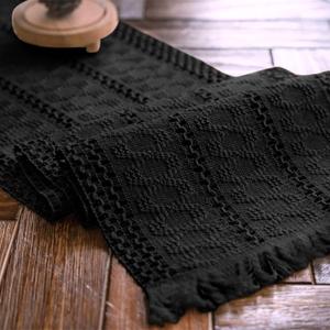 Alynsehom Macrame Table Runner Pure Black Boho Table Runners with Tassels Hand Woven Cotton Table Runner Rustic Farmhouse Table Runners for Bohemian Kitchen Dining Table(12x36in) (12"Wx36"L)