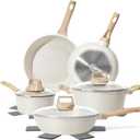 12 Pcs Pots and Pans Set Non Stick, Cookware Sets White Granite Induction Cookware, Non-toxic Healthy Nonstick Kitchen Cooking Set with Frying Pans Set, Saucepans (PFAS/PFOA/PFOS Free)
