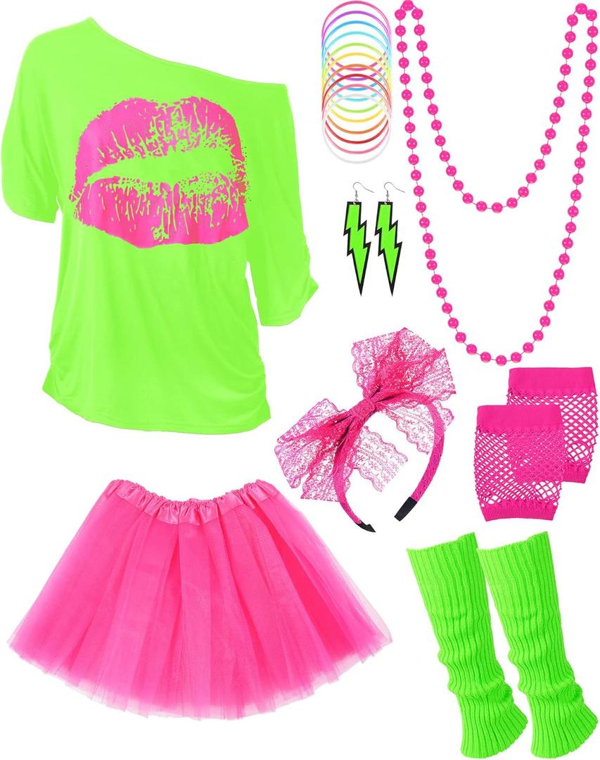 80s Outfit Costume Accessories for Women Neon T Shirt Tutu Skirt for Mardi Gras (X-Small, Fluorescent Green With Rose Red)