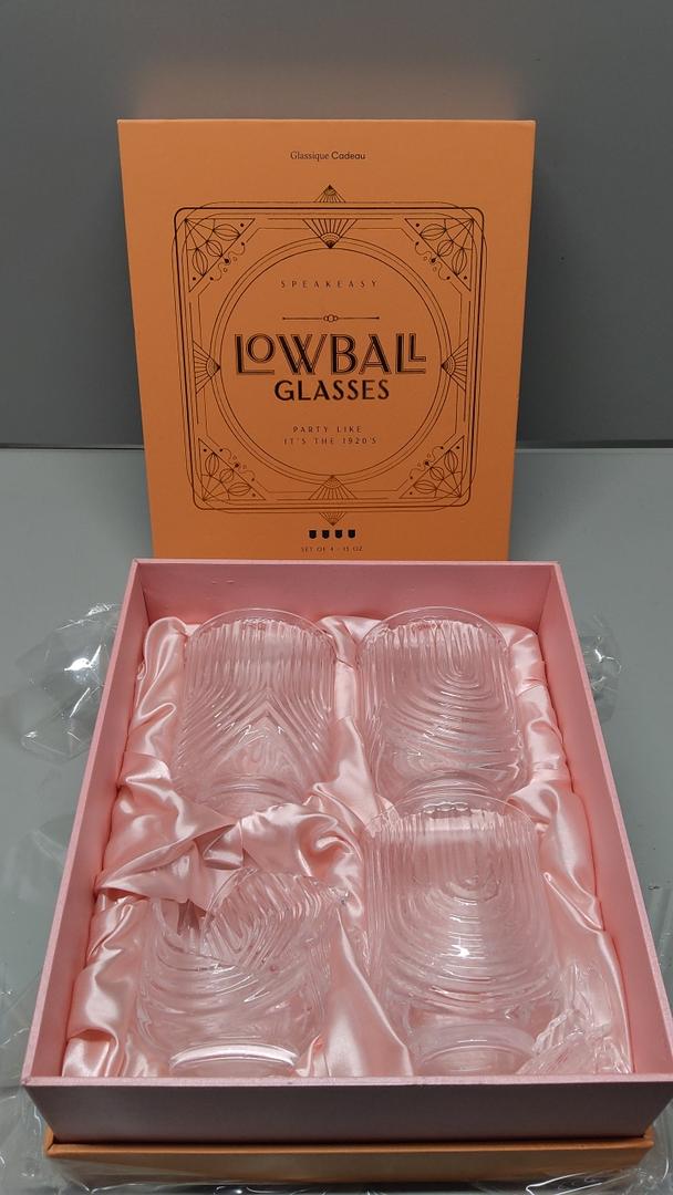 GLASSIQUE CADEAU Vintage Art Deco Lowball Gatsby Cocktail Glasses | Set of 4 | 13 oz Double Old Fashioned Tumblers for Drinking Classic Whiskey, Gin, Vodka Bar Drinks | Round Short Glassware