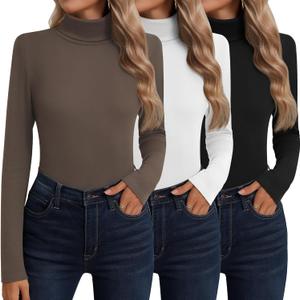 Neer 3 Pack Cotton Women's Turtleneck Long Sleeve Tops Thermal Underwear Base Layer Fall Winter Shirts Sweater (Black, White, Mocha)