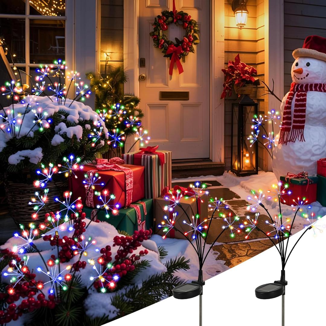 Solar Christmas Lights Outdoor, Solar Garden Decor, Outdoor Christmas Decorations, Gardening Supplies, Solar Powered Lights Waterproof for Yard Patio, Fairy Decor Firwork(2 Pack Multi-Colored)