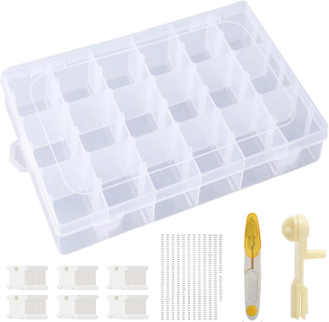 Embroidery Floss Organizer Cross Stitch Thread Storage Box Tools with 120 Pieces Floss Bobbins, Bobbin Winder, Scissor and Colour Stickers,Removable 18 Compartments Big Size Case