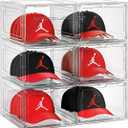 6 Pack Hat Organizer Box, Stackable Clear Baseball Caps Holder Box Containers with Magnetic Door for Hats Snapback Cap Storag, Hat Rack Display Case, Holds 8 Hats Each (Clear)