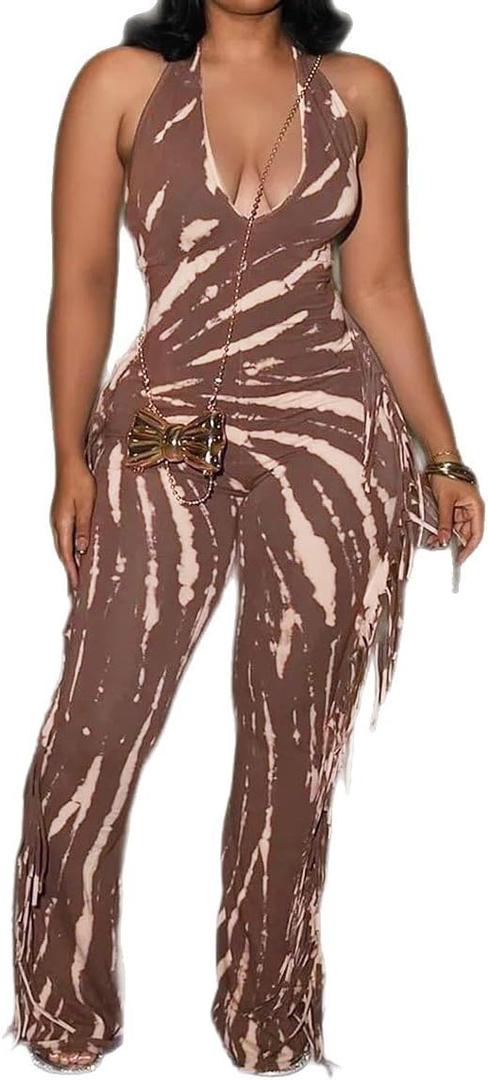 ksotutm Casual Jumpsuits for Women U Neck Tank Top Flared Pants Elegant Fringe Print Romper Sexy Jumpsuits for Going Out (Coffee), XL