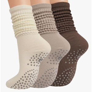 Grip Pilates Socks for Women, Yoga Slouch Socks with Grip for Barre Workout Hospital Long Scrunch Slipper Socks S